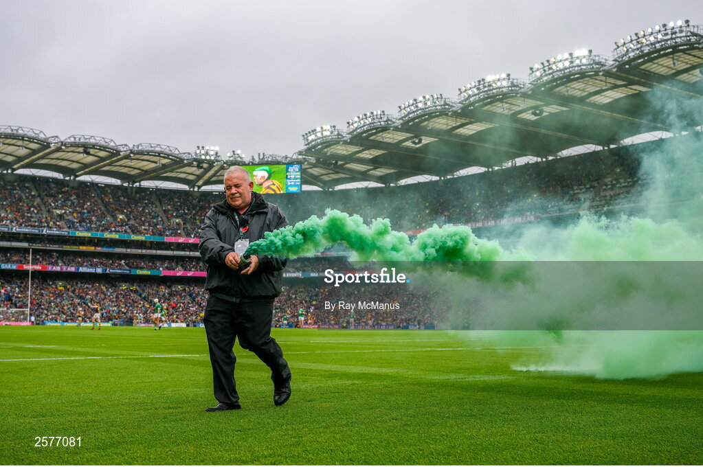 23 July 2023; A flare is removed from the pitch during the GAA Hurling All-Ireland Senior Championship final match between Kilkenny and Limerick at Croke Park in Dublin. Photo by Ray McManus/Sportsfile