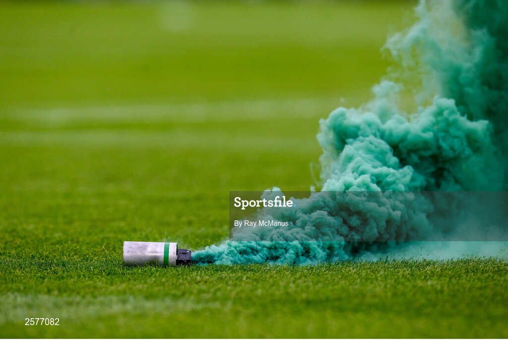 23 July 2023; A Flare on the pitch during the GAA Hurling All-Ireland Senior Championship final match between Kilkenny and Limerick at Croke Park in Dublin. Photo by Ray McManus/Sportsfile