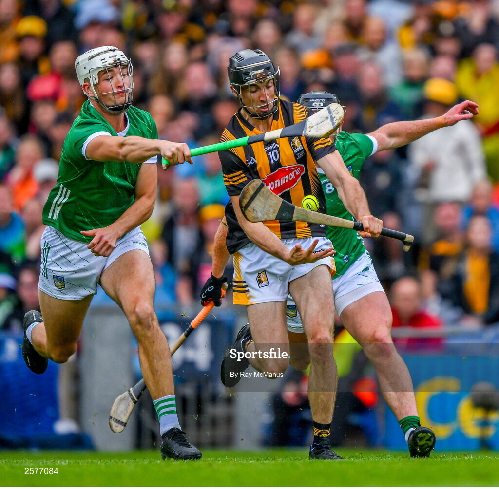 23 July 2023; Tom Phelan of Kilkenny is tackled by Kyle Hayes and Darragh O'Donovan of Limerick during the GAA Hurling All-Ireland Senior Championship final match between Kilkenny and Limerick at Croke Park in Dublin. Photo by Ray McManus/Sportsfile