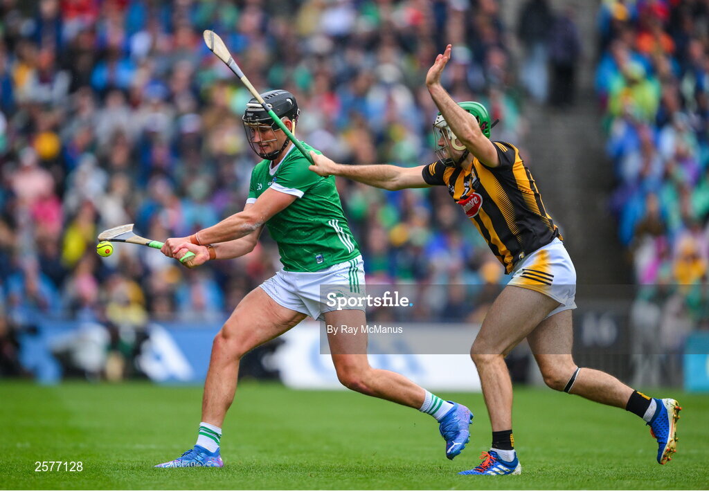 23 July 2023; Gearóid Hegarty of Limerick is tackled by Paddy Deegan of Kilkenny during the GAA Hurling All-Ireland Senior Championship final match between Kilkenny and Limerick at Croke Park in Dublin. Photo by Ray McManus/Sportsfile