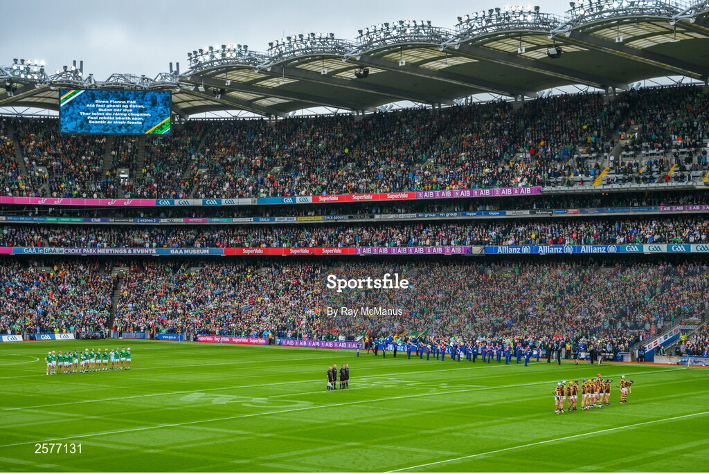 23 July 2023; Both teams stand for the National Anthem before  the GAA Hurling All-Ireland Senior Championship final match between Kilkenny and Limerick at Croke Park in Dublin. Photo by Ray McManus/Sportsfile