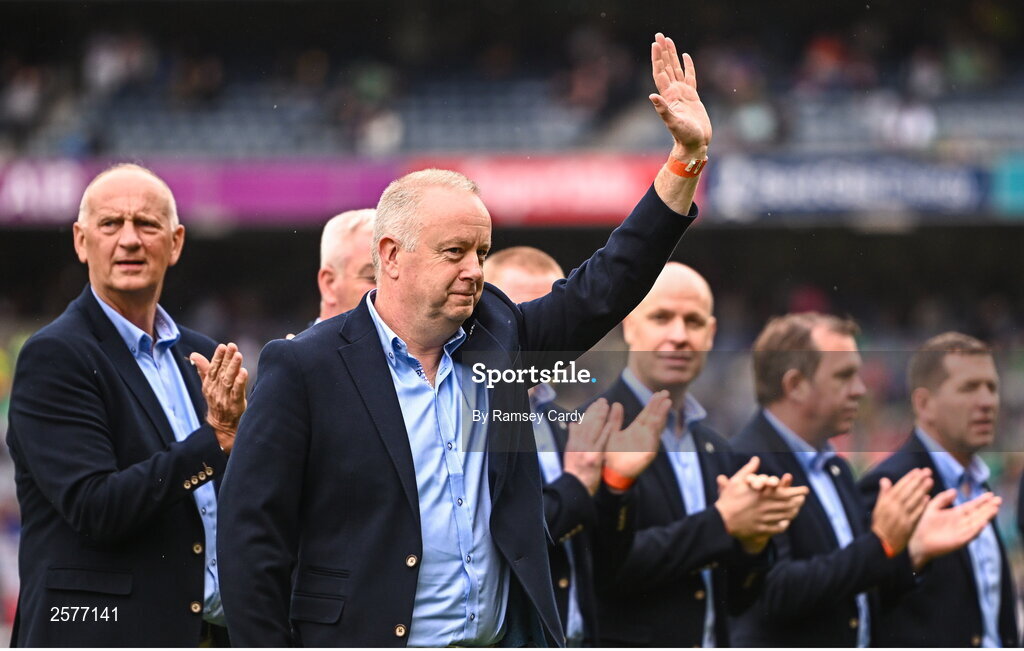 23 July 2023; Joe Errity of the Offaly 1998 All-Ireland winning Jubilee team as the team are honoured before the GAA Hurling All-Ireland Senior Championship final match between Kilkenny and Limerick at Croke Park in Dublin. Photo by Ramsey Cardy/Sportsfile