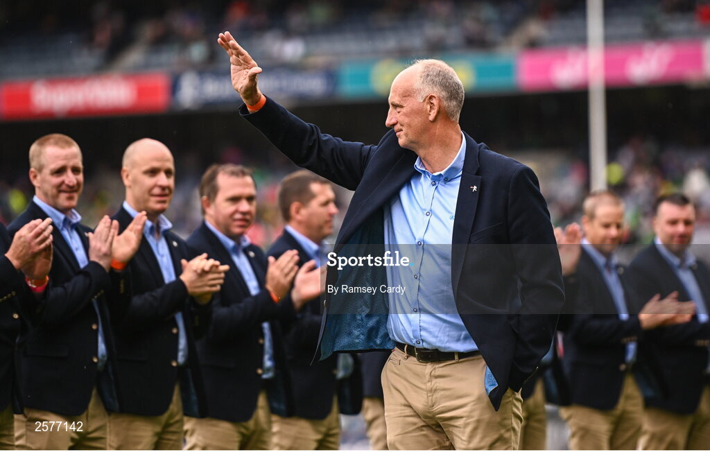 23 July 2023; Joe Dooley of the Offaly 1998 All-Ireland winning Jubilee team as the team are honoured before the GAA Hurling All-Ireland Senior Championship final match between Kilkenny and Limerick at Croke Park in Dublin. Photo by Ramsey Cardy/Sportsfile