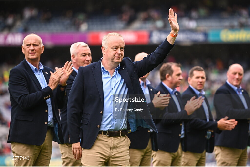23 July 2023; Joe Errity of the Offaly 1998 All-Ireland winning Jubilee team as the team are honoured before the GAA Hurling All-Ireland Senior Championship final match between Kilkenny and Limerick at Croke Park in Dublin. Photo by Ramsey Cardy/Sportsfile