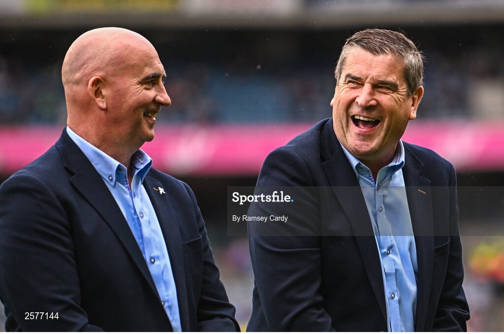 23 July 2023; Johnny Dooley, left, and Michael Duignan of the Offaly 1998 All-Ireland winning Jubilee team as the team are honoured before the GAA Hurling All-Ireland Senior Championship final match between Kilkenny and Limerick at Croke Park in Dublin. Photo by Ramsey Cardy/Sportsfile
