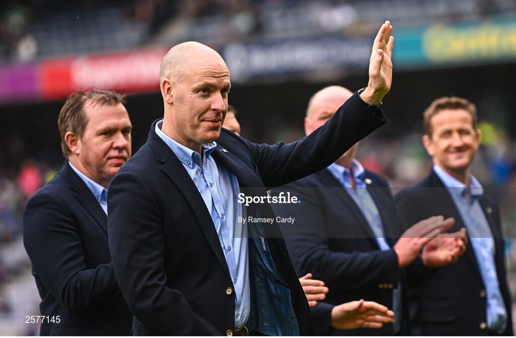 23 July 2023; Niall Claffey of the Offaly 1998 All-Ireland winning Jubilee team as the team are honoured before the GAA Hurling All-Ireland Senior Championship final match between Kilkenny and Limerick at Croke Park in Dublin. Photo by Ramsey Cardy/Sportsfile
