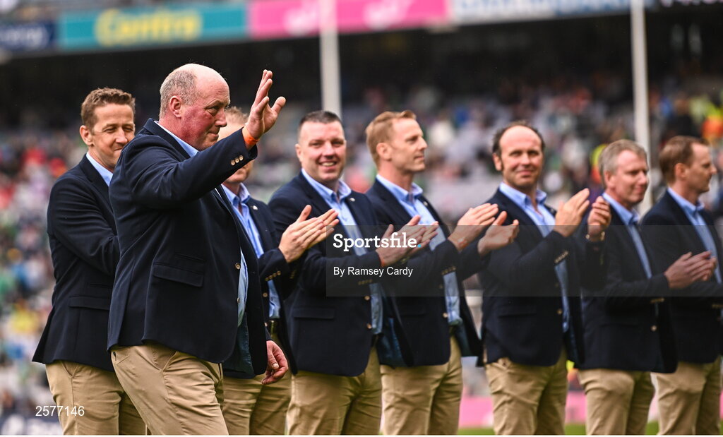 23 July 2023; John Ryan of the Offaly 1998 All-Ireland winning Jubilee team as the team are honoured before the GAA Hurling All-Ireland Senior Championship final match between Kilkenny and Limerick at Croke Park in Dublin. Photo by Ramsey Cardy/Sportsfile