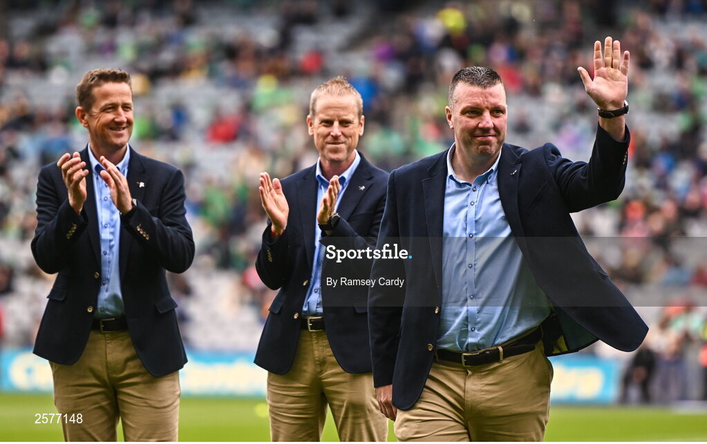 23 July 2023; Killian Farrell of the Offaly 1998 All-Ireland winning Jubilee team as the team are honoured before the GAA Hurling All-Ireland Senior Championship final match between Kilkenny and Limerick at Croke Park in Dublin. Photo by Ramsey Cardy/Sportsfile