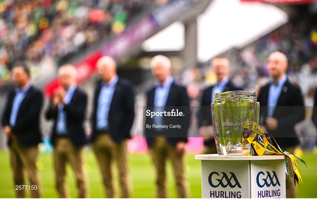 23 July 2023; A general view of the Liam MacCarthy Cup during the Offaly 1998 All-Ireland winning Jubilee team as the team are honoured before the GAA Hurling All-Ireland Senior Championship final match between Kilkenny and Limerick at Croke Park in Dublin. Photo by Ramsey Cardy/Sportsfile