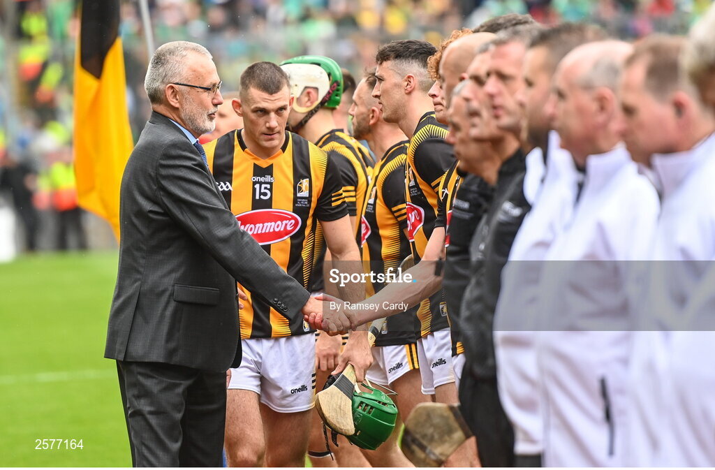 23 July 2023; Uachtarán Chumann Lúthchleas Gael Larry McCarthy is introduced to the Kilkenny team by captain Eoin Cody before the GAA Hurling All-Ireland Senior Championship final match between Kilkenny and Limerick at Croke Park in Dublin. Photo by Ramsey Cardy/Sportsfile