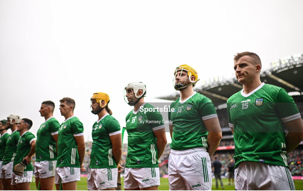 23 July 2023; Peter Casey, right, and Séamus Flanagan of Limerick before the GAA Hurling All-Ireland Senior Championship final match between Kilkenny and Limerick at Croke Park in Dublin. Photo by Ramsey Cardy/Sportsfile