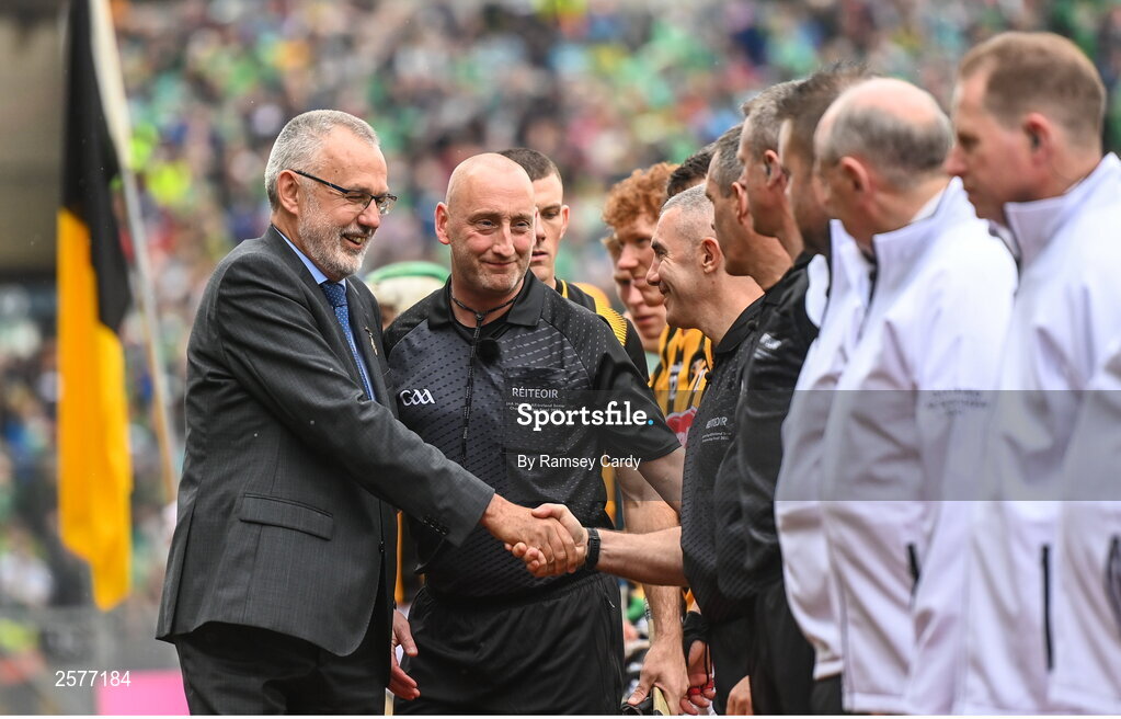 23 July 2023; Uachtarán Chumann Lúthchleas Gael Larry McCarthy is introduced to the referee team by match referee John Keenan before the GAA Hurling All-Ireland Senior Championship final match between Kilkenny and Limerick at Croke Park in Dublin. Photo by Ramsey Cardy/Sportsfile