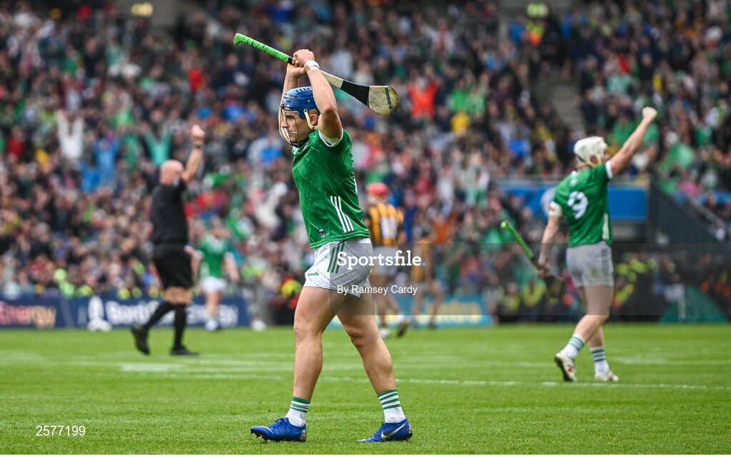 23 July 2023; Mike Casey of Limerick celebrates a late point during the GAA Hurling All-Ireland Senior Championship final match between Kilkenny and Limerick at Croke Park in Dublin. Photo by Ramsey Cardy/Sportsfile