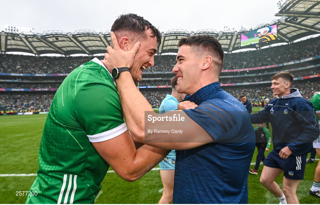 23 July 2023; Kyle Hayes, left, and Sean Finn of Limerick celebrate after the GAA Hurling All-Ireland Senior Championship final match between Kilkenny and Limerick at Croke Park in Dublin. Photo by Ramsey Cardy/Sportsfile