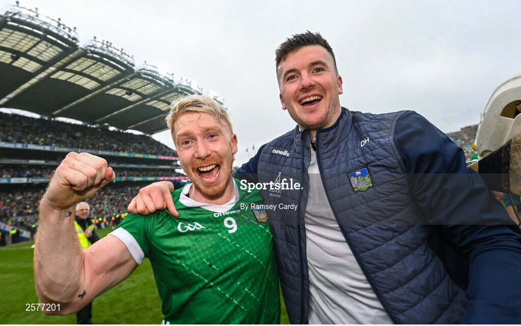 23 July 2023; Cian Lynch, left, and Declan Hannon of Limerick after the GAA Hurling All-Ireland Senior Championship final match between Kilkenny and Limerick at Croke Park in Dublin. Photo by Ramsey Cardy/Sportsfile
