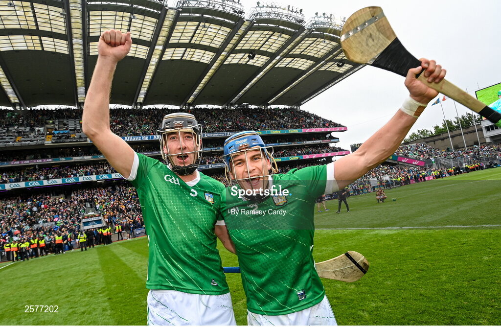 23 July 2023; Diarmaid Byrnes, left, and Mike Casey of Limerick celebrates after the GAA Hurling All-Ireland Senior Championship final match between Kilkenny and Limerick at Croke Park in Dublin. Photo by Ramsey Cardy/Sportsfile