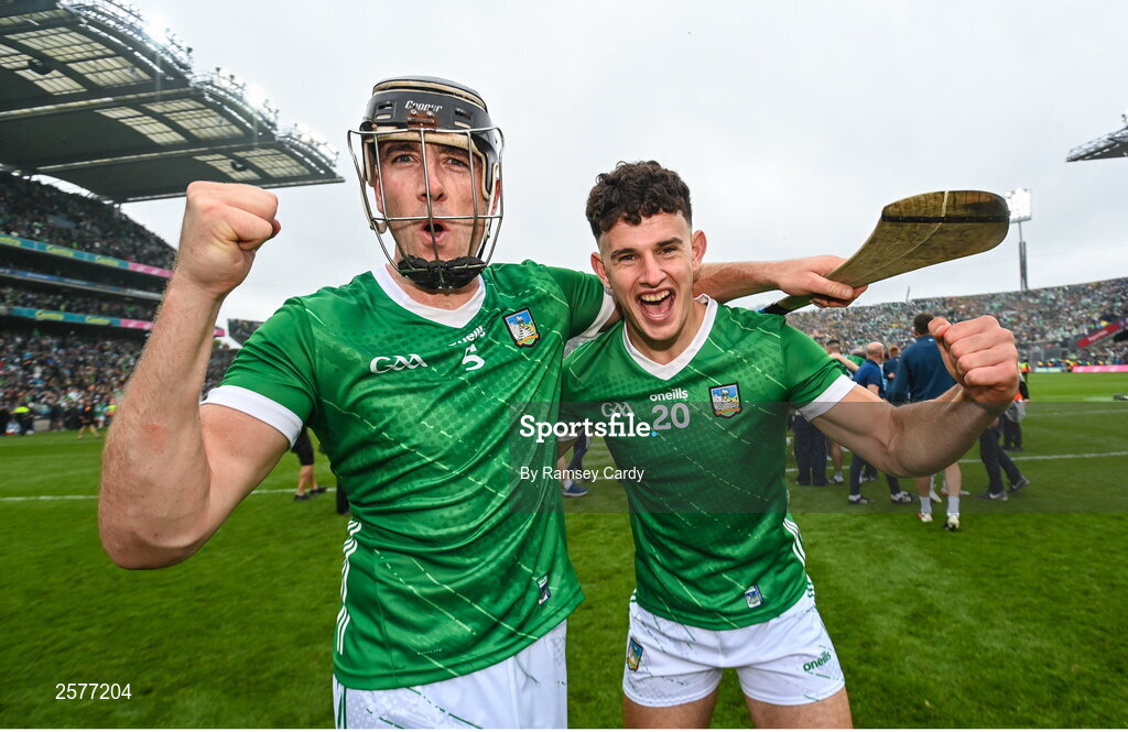 23 July 2023; Diarmaid Byrnes, left, and Colin Coughlan of Limerick after the GAA Hurling All-Ireland Senior Championship final match between Kilkenny and Limerick at Croke Park in Dublin. Photo by Ramsey Cardy/Sportsfile
