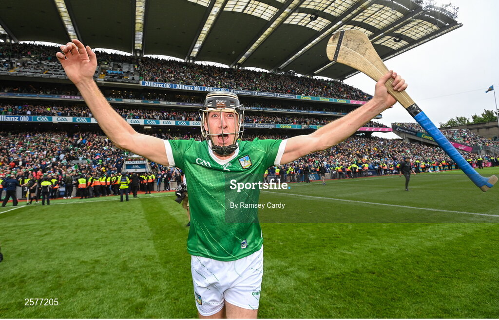 23 July 2023; Diarmaid Byrnes of Limerick celebrates after the GAA Hurling All-Ireland Senior Championship final match between Kilkenny and Limerick at Croke Park in Dublin. Photo by Ramsey Cardy/Sportsfile