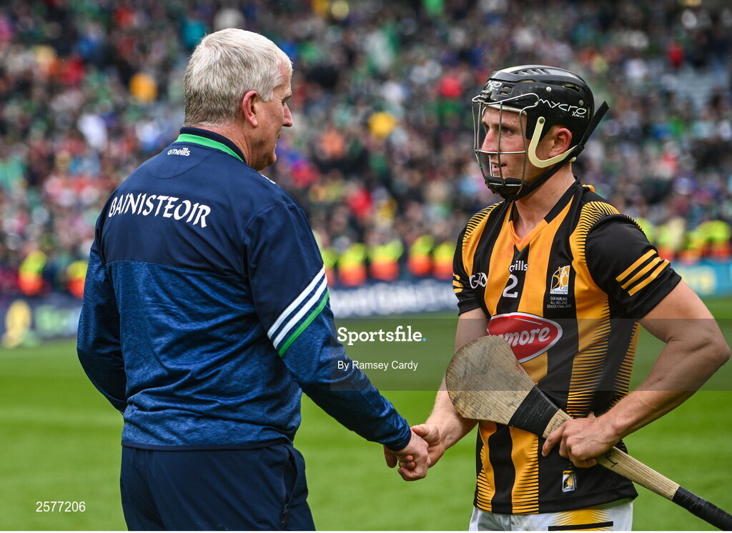 23 July 2023; Limerick manager John Kiely shakes hands with Mikey Butler of Kilkenny after the GAA Hurling All-Ireland Senior Championship final match between Kilkenny and Limerick at Croke Park in Dublin. Photo by Ramsey Cardy/Sportsfile