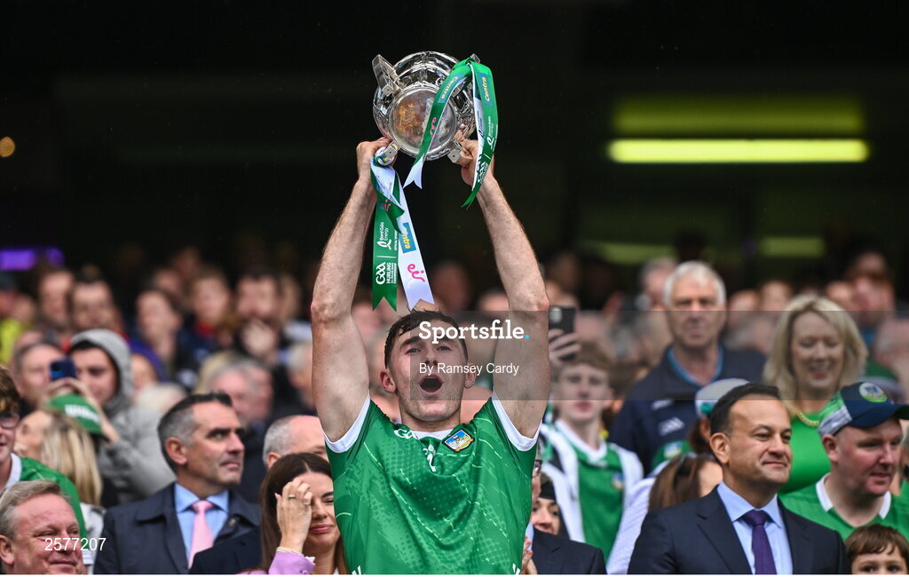 23 July 2023; Barry Nash of Limerick lifts the Liam MacCarthy Cup after the GAA Hurling All-Ireland Senior Championship final match between Kilkenny and Limerick at Croke Park in Dublin. Photo by Ramsey Cardy/Sportsfile