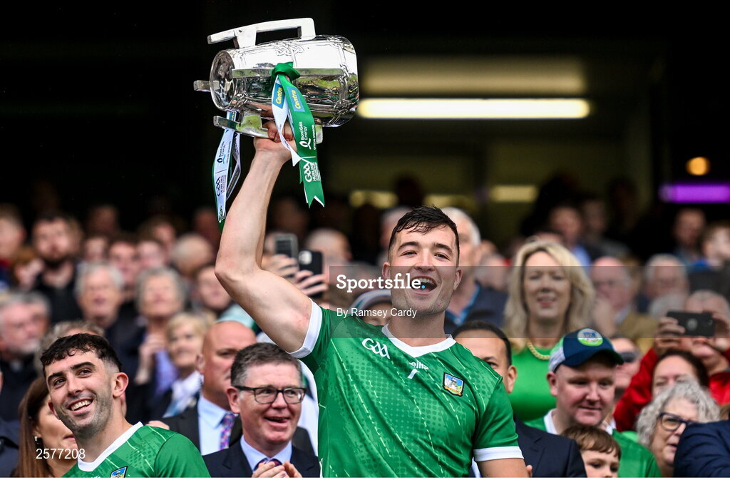 23 July 2023; Kyle Hayes of Limerick lifts the Liam MacCarthy Cup after the GAA Hurling All-Ireland Senior Championship final match between Kilkenny and Limerick at Croke Park in Dublin. Photo by Ramsey Cardy/Sportsfile