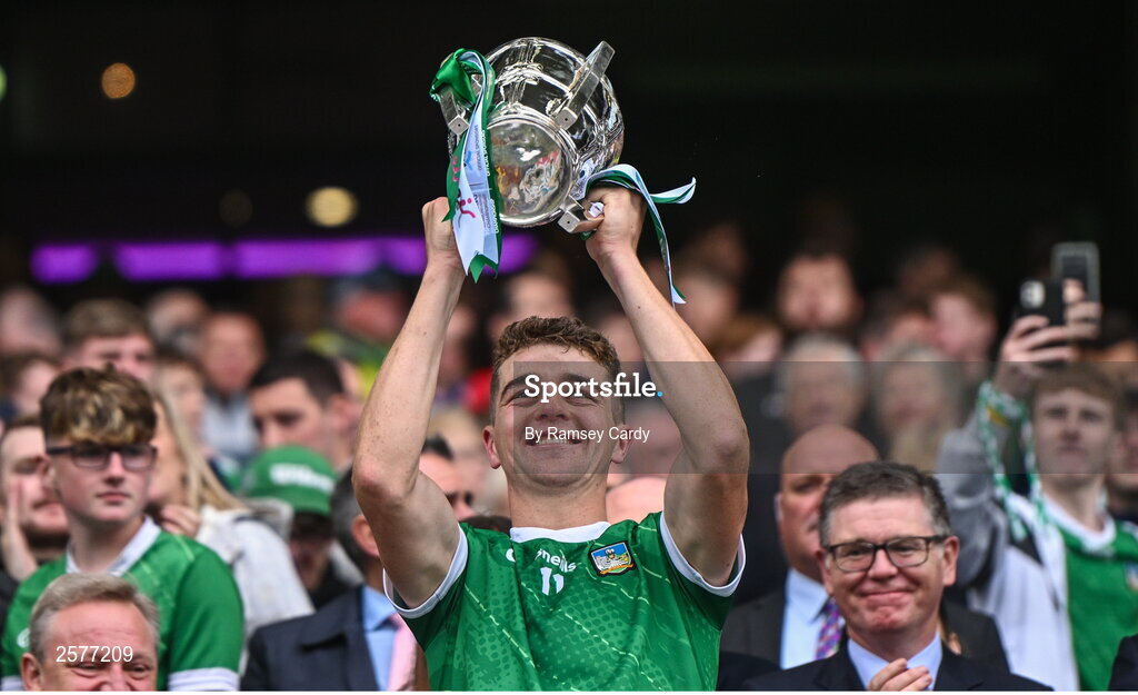 23 July 2023; David Reidy of Limerick lifts the Liam MacCarthy Cup after the GAA Hurling All-Ireland Senior Championship final match between Kilkenny and Limerick at Croke Park in Dublin. Photo by Ramsey Cardy/Sportsfile