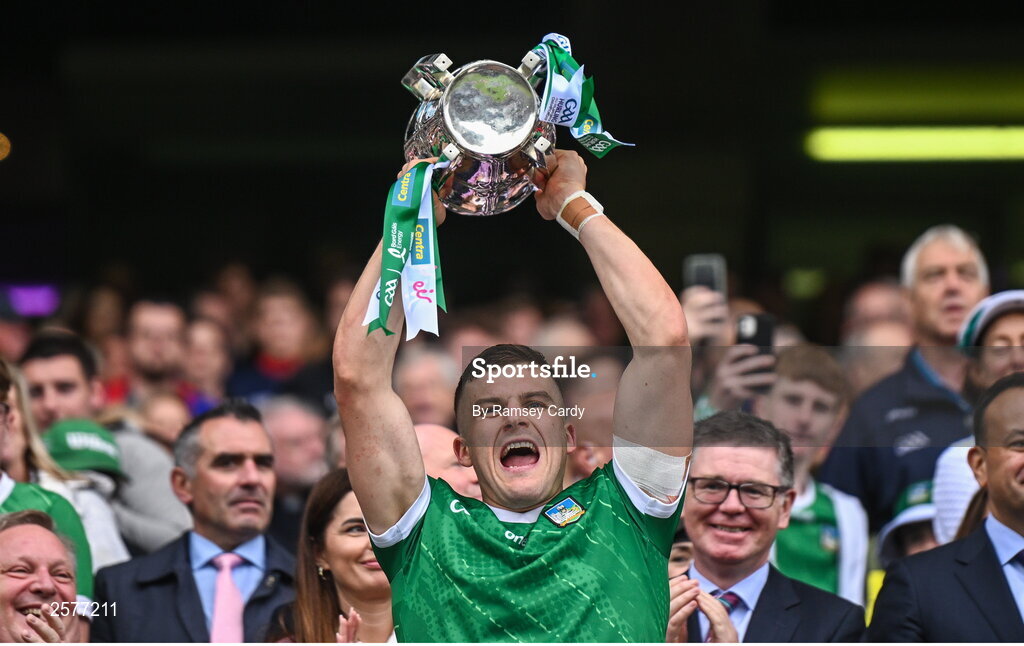 23 July 2023; Mike Casey of Limerick lifts the Liam MacCarthy Cup after the GAA Hurling All-Ireland Senior Championship final match between Kilkenny and Limerick at Croke Park in Dublin. Photo by Ramsey Cardy/Sportsfile
