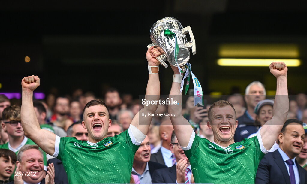 23 July 2023; Mike Casey, left, and Peter Casey of Limerick lift the Liam MacCarthy Cup after the GAA Hurling All-Ireland Senior Championship final match between Kilkenny and Limerick at Croke Park in Dublin. Photo by Ramsey Cardy/Sportsfile