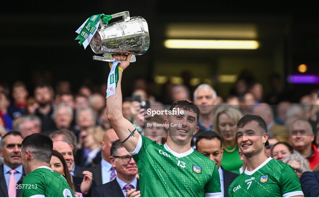 23 July 2023; Aaron Gillane of Limerick lifts the Liam MacCarthy Cup after the GAA Hurling All-Ireland Senior Championship final match between Kilkenny and Limerick at Croke Park in Dublin. Photo by Ramsey Cardy/Sportsfile