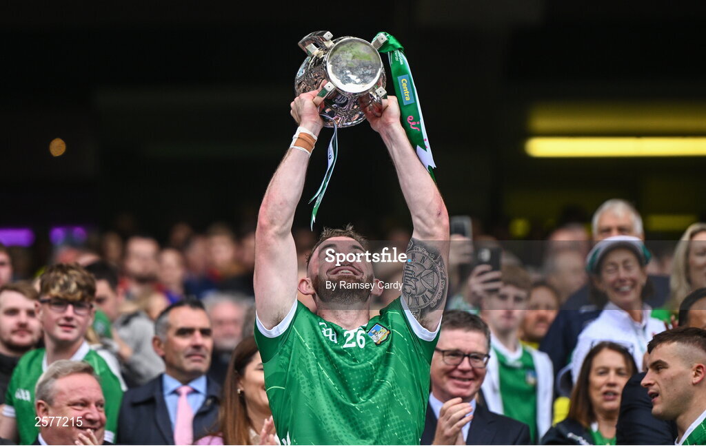 23 July 2023; Oisín O'Reilly of Limerick lifts the Liam MacCarthy Cup after the GAA Hurling All-Ireland Senior Championship final match between Kilkenny and Limerick at Croke Park in Dublin. Photo by Ramsey Cardy/Sportsfile