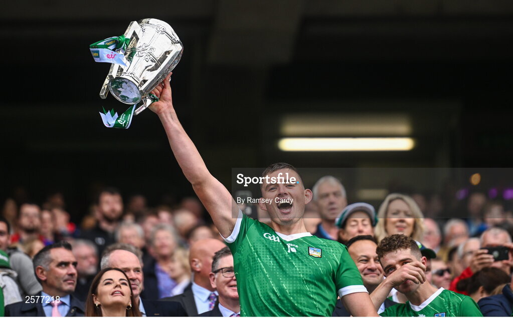 23 July 2023; Gearóid Hegarty of Limerick lifts the Liam MacCarthy Cup after the GAA Hurling All-Ireland Senior Championship final match between Kilkenny and Limerick at Croke Park in Dublin. Photo by Ramsey Cardy/Sportsfile