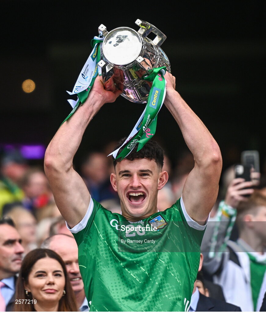 23 July 2023; Colin Coughlan of Limerick lifts the Liam MacCarthy Cup after the GAA Hurling All-Ireland Senior Championship final match between Kilkenny and Limerick at Croke Park in Dublin. Photo by Ramsey Cardy/Sportsfile