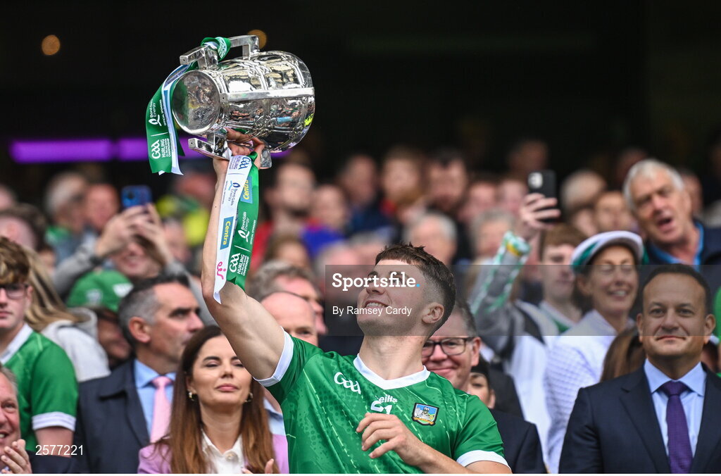 23 July 2023; Adam English of Limerick lifts the Liam MacCarthy Cup after the GAA Hurling All-Ireland Senior Championship final match between Kilkenny and Limerick at Croke Park in Dublin. Photo by Ramsey Cardy/Sportsfile