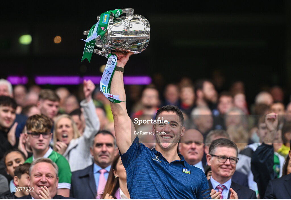 23 July 2023; Sean Finn of Limerick lifts the Liam MacCarthy Cup after the GAA Hurling All-Ireland Senior Championship final match between Kilkenny and Limerick at Croke Park in Dublin. Photo by Ramsey Cardy/Sportsfile