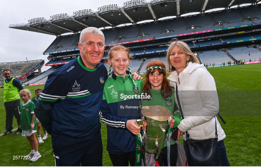 23 July 2023; Limerick manager John Kiely, with his wife Louise, and daughters Ruth, left, and Aoife, after the GAA Hurling All-Ireland Senior Championship final match between Kilkenny and Limerick at Croke Park in Dublin. Photo by Ramsey Cardy/Sportsfile