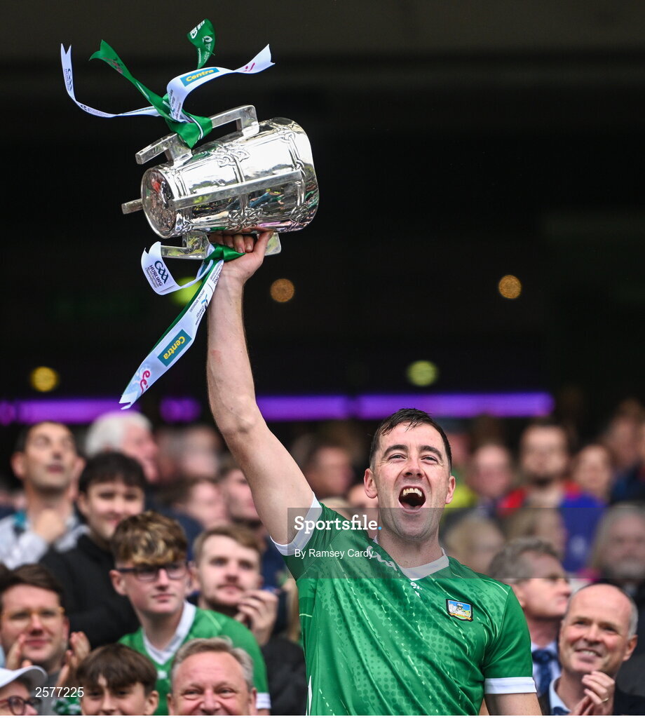 23 July 2023; Diarmaid Byrnes of Limerick lifts the Liam MacCarthy Cup after the GAA Hurling All-Ireland Senior Championship final match between Kilkenny and Limerick at Croke Park in Dublin. Photo by Ramsey Cardy/Sportsfile
