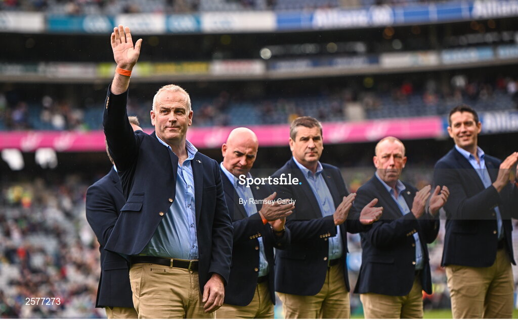 23 July 2023; Kevin Martin of the Offaly 1998 All-Ireland winning Jubilee team as the team are honoured before the GAA Hurling All-Ireland Senior Championship final match between Kilkenny and Limerick at Croke Park in Dublin. Photo by Ramsey Cardy/Sportsfile