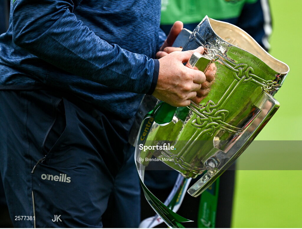 23 July 2023; Limerick manager John Kiely carries the Liam MacCarthy cup back to the dressingrooms after the GAA Hurling All-Ireland Senior Championship final match between Kilkenny and Limerick at Croke Park in Dublin. Photo by Brendan Moran/Sportsfile