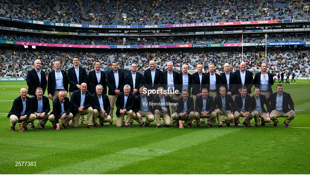 23 July 2023; The Offaly 1998 All-Ireland winning Jubilee team as the team are honoured before the GAA Hurling All-Ireland Senior Championship final match between Kilkenny and Limerick at Croke Park in Dublin. Photo by Brendan Moran/Sportsfile