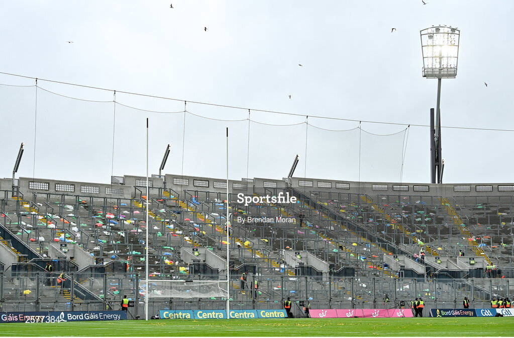 23 July 2023; Rain ponchos are seen discared on Hill 16 before bring cleaned up after the GAA Hurling All-Ireland Senior Championship final match between Kilkenny and Limerick at Croke Park in Dublin. Photo by Brendan Moran/Sportsfile