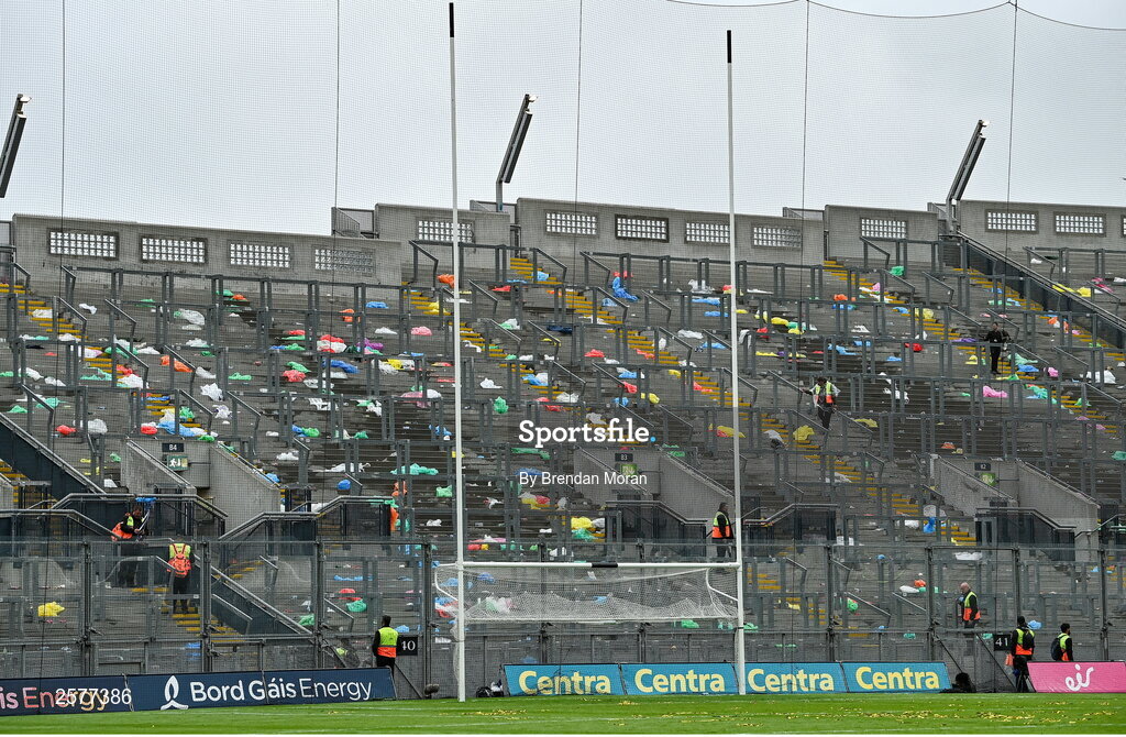 23 July 2023; Rain ponchos are seen discared on Hill 16 before bring cleaned up after the GAA Hurling All-Ireland Senior Championship final match between Kilkenny and Limerick at Croke Park in Dublin. Photo by Brendan Moran/Sportsfile