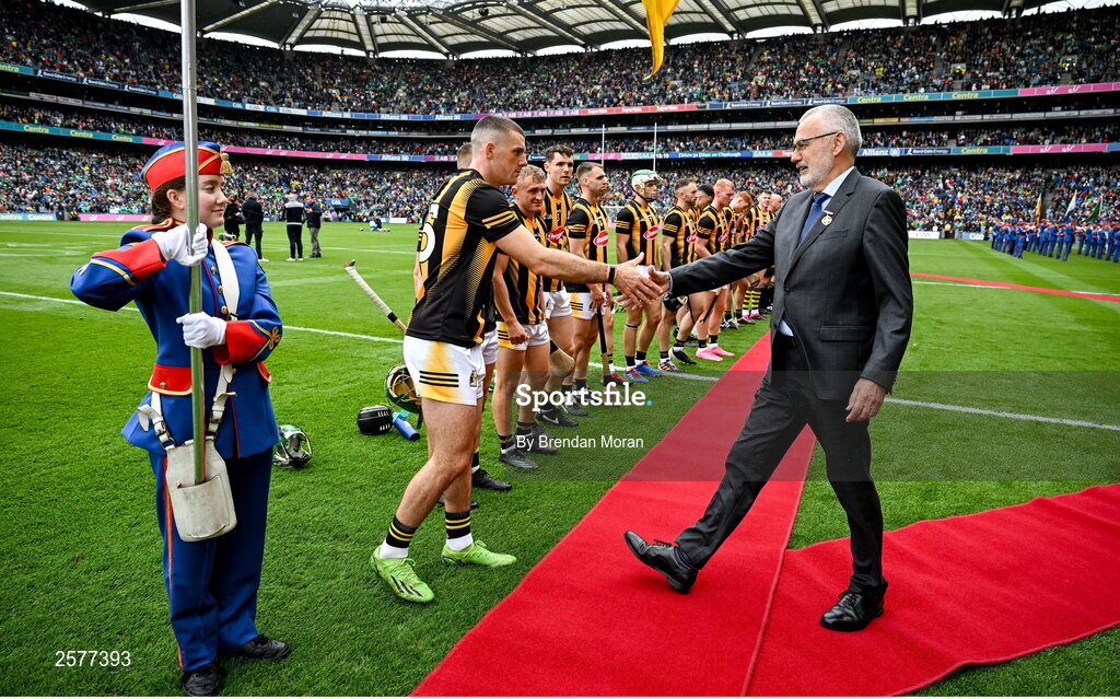 23 July 2023; Uachtarán Chumann Lúthchleas Gael Larry McCarthy meets Kilkenny captain Eoin Cody before before the GAA Hurling All-Ireland Senior Championship final match between Kilkenny and Limerick at Croke Park in Dublin. Photo by Brendan Moran/Sportsfile