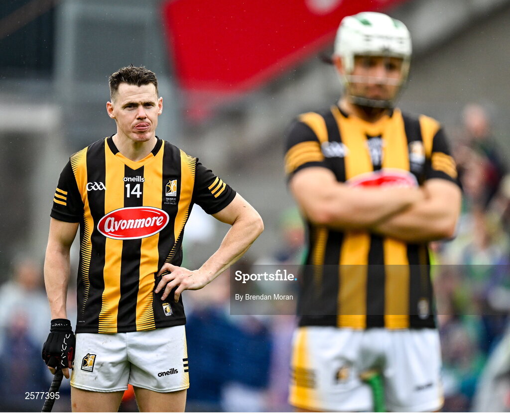 23 July 2023; TJ Reid, left, and Pádraig Walsh of Kilkenny after their side's defeat in the GAA Hurling All-Ireland Senior Championship final match between Kilkenny and Limerick at Croke Park in Dublin. Photo by Brendan Moran/Sportsfile