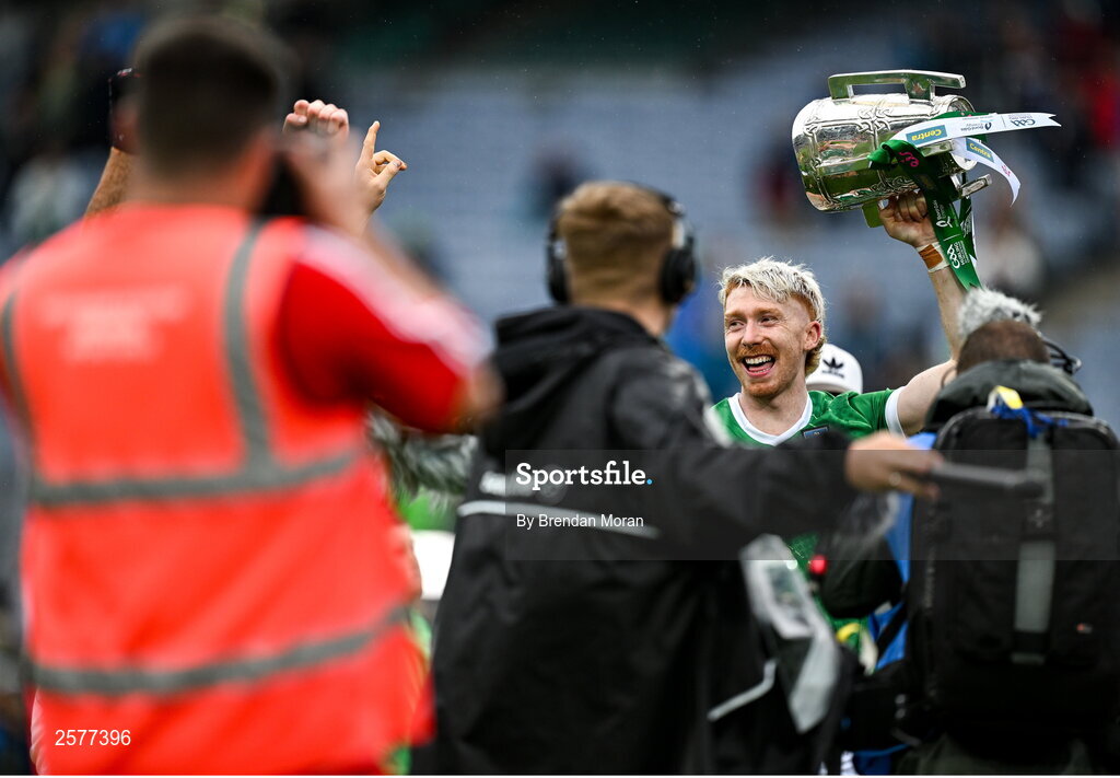 23 July 2023; Limerick captain Cian Lynch celebrates with the Liam MacCarthy cup after the GAA Hurling All-Ireland Senior Championship final match between Kilkenny and Limerick at Croke Park in Dublin. Photo by Brendan Moran/Sportsfile