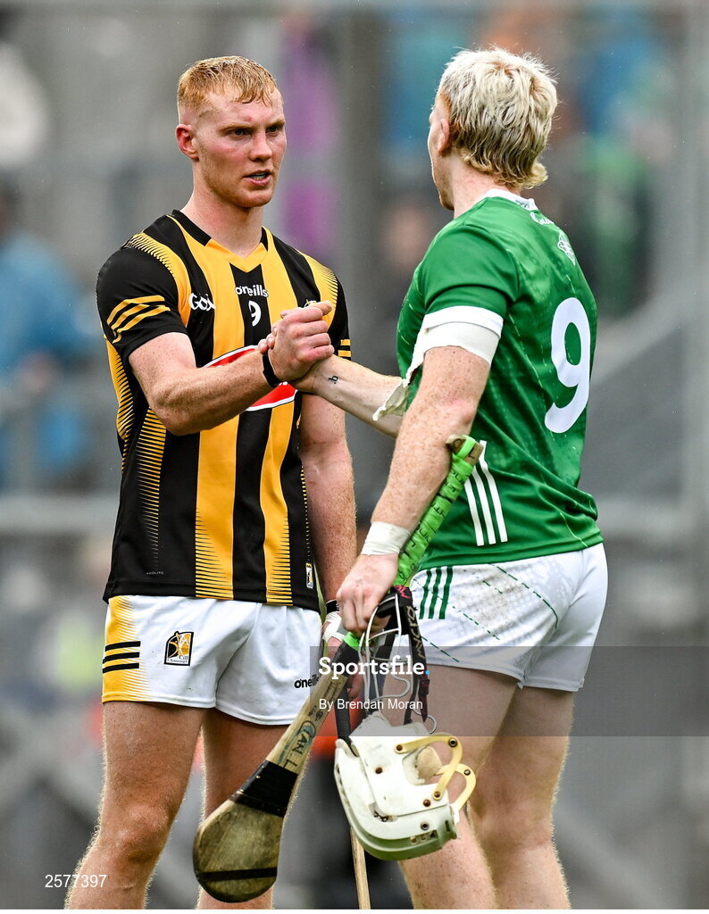 23 July 2023; Adrian Mullen of Kilkenny, left, is consoled by Cian Lynch of Limerick after the GAA Hurling All-Ireland Senior Championship final match between Kilkenny and Limerick at Croke Park in Dublin. Photo by Brendan Moran/Sportsfile