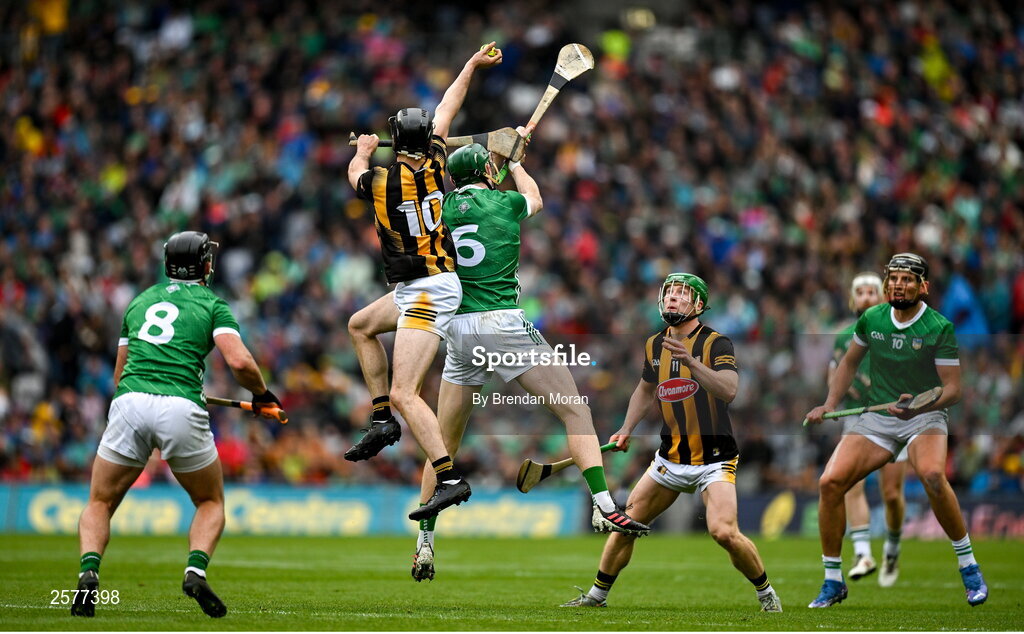 23 July 2023; A general view of the action as Tom Phelan of Kilkenny catches the sliotar ahead of Diarmaid Byrnes of Limerick during the GAA Hurling All-Ireland Senior Championship final match between Kilkenny and Limerick at Croke Park in Dublin. Photo by Brendan Moran/Sportsfile
