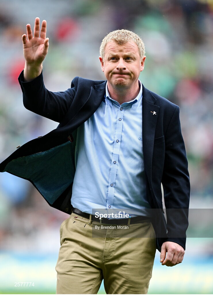 23 July 2023; Stephen Byrne of the Offaly 1998 All-Ireland winning Jubilee team as the team are honoured before the GAA Hurling All-Ireland Senior Championship final match between Kilkenny and Limerick at Croke Park in Dublin. Photo by Brendan Moran/Sportsfile Photo by Brendan Moran/Sportsfile