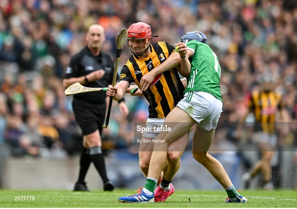23 July 2023; Adrian Mullen of Kilkenny in action against David Reidy of Limerick during the GAA Hurling All-Ireland Senior Championship final match between Kilkenny and Limerick at Croke Park in Dublin. Photo by Sam Barnes/Sportsfile