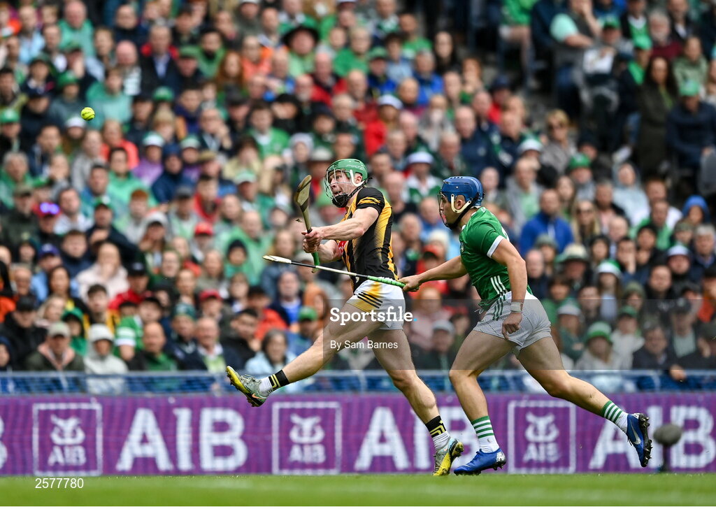 23 July 2023; Martin Keoghan of Kilkenny in action against Mike Casey of Limerick during the GAA Hurling All-Ireland Senior Championship final match between Kilkenny and Limerick at Croke Park in Dublin. Photo by Sam Barnes/Sportsfile