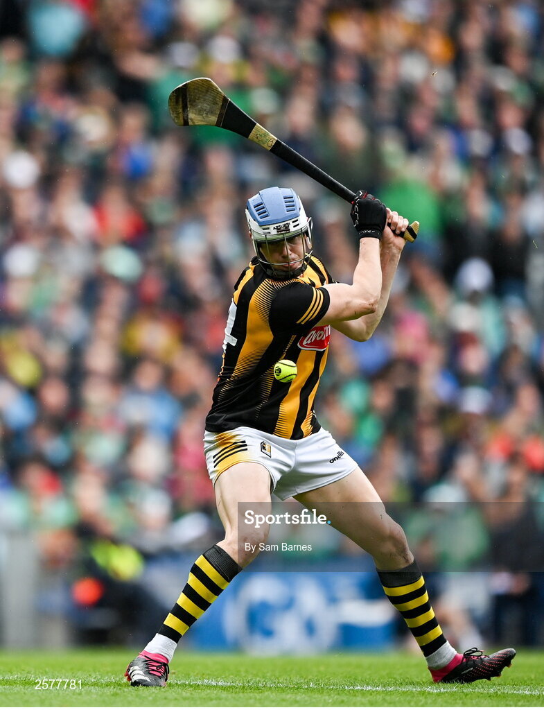 23 July 2023; TJ Reid of Kilkenny takes a free during the GAA Hurling All-Ireland Senior Championship final match between Kilkenny and Limerick at Croke Park in Dublin. Photo by Sam Barnes/Sportsfile